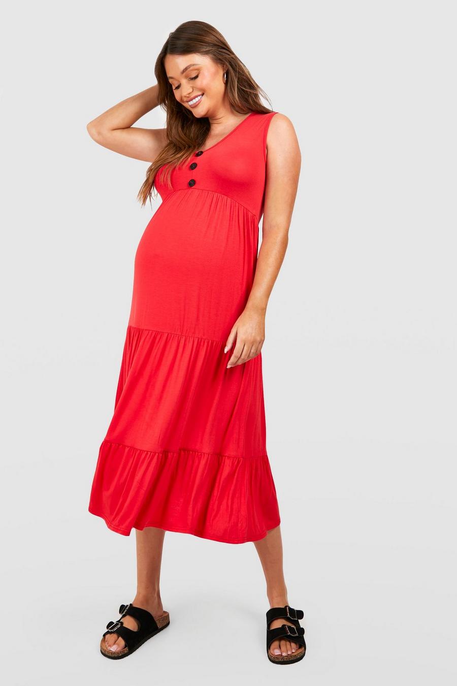Red Maternity Button Down Smock Midi Dress image number 1