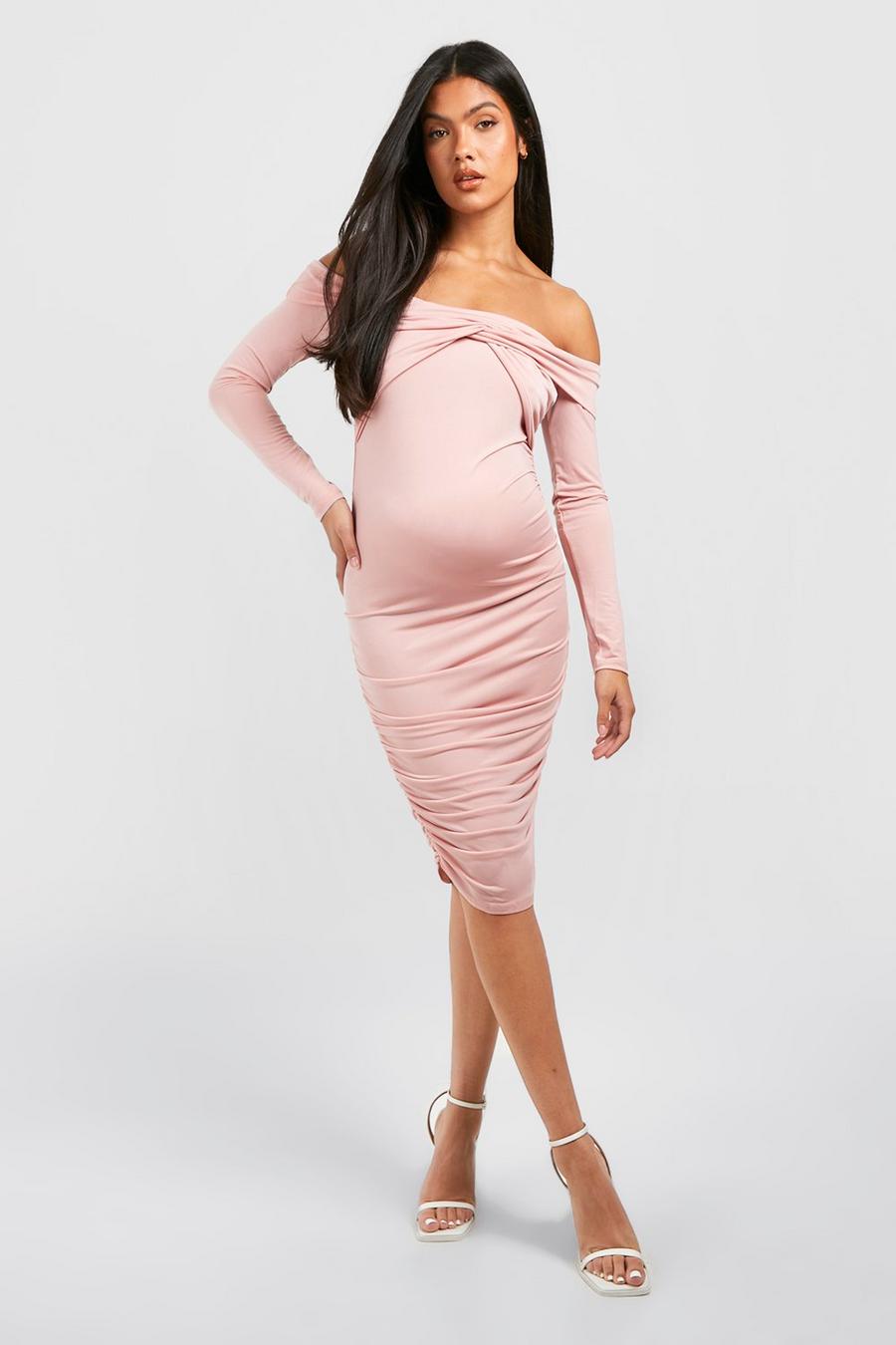 Blush pink Maternity Twist Front Bardot Ruched Midi Dress