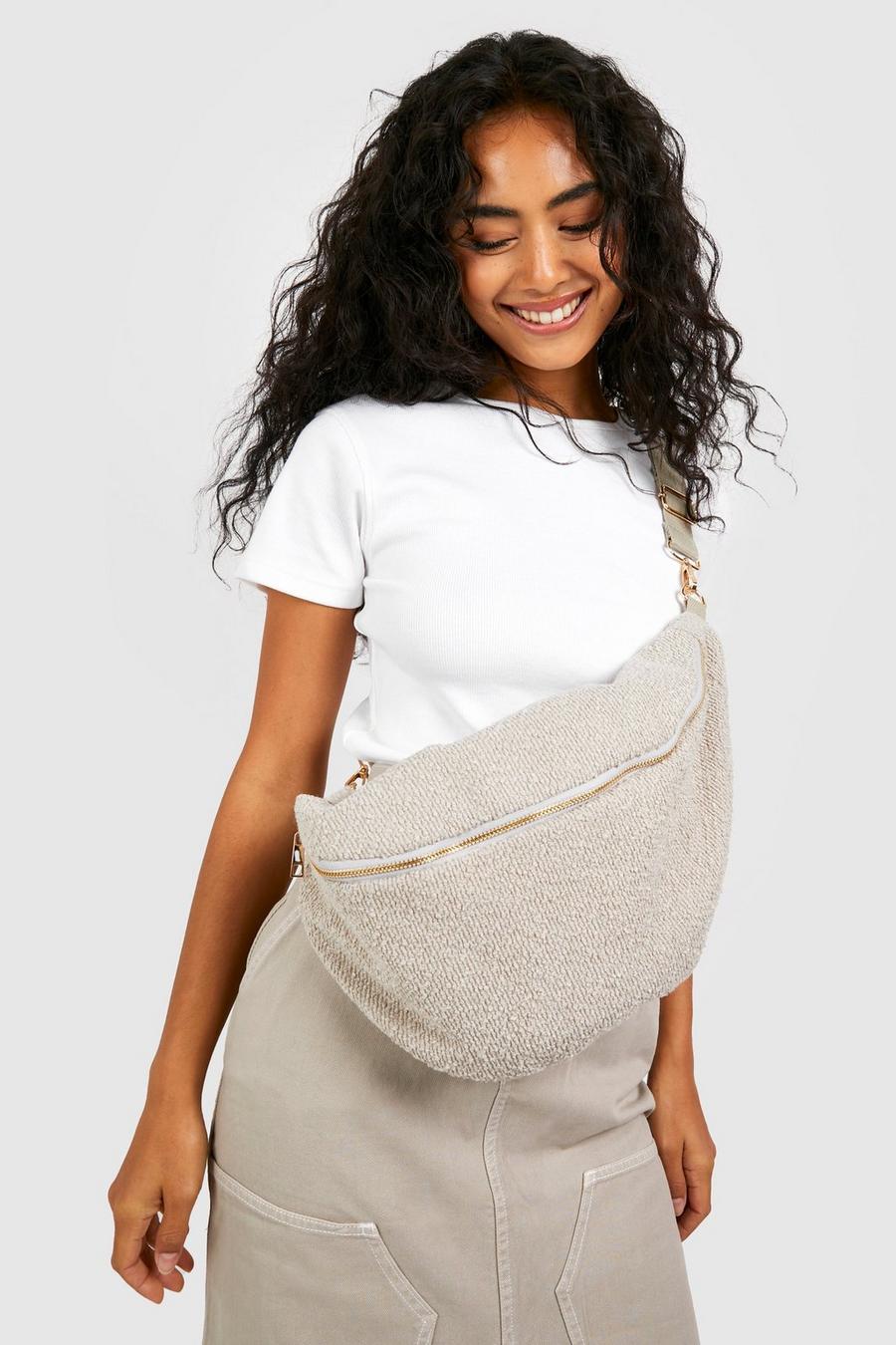 Stone beige Textured Fabric Oversized Bum Bag 