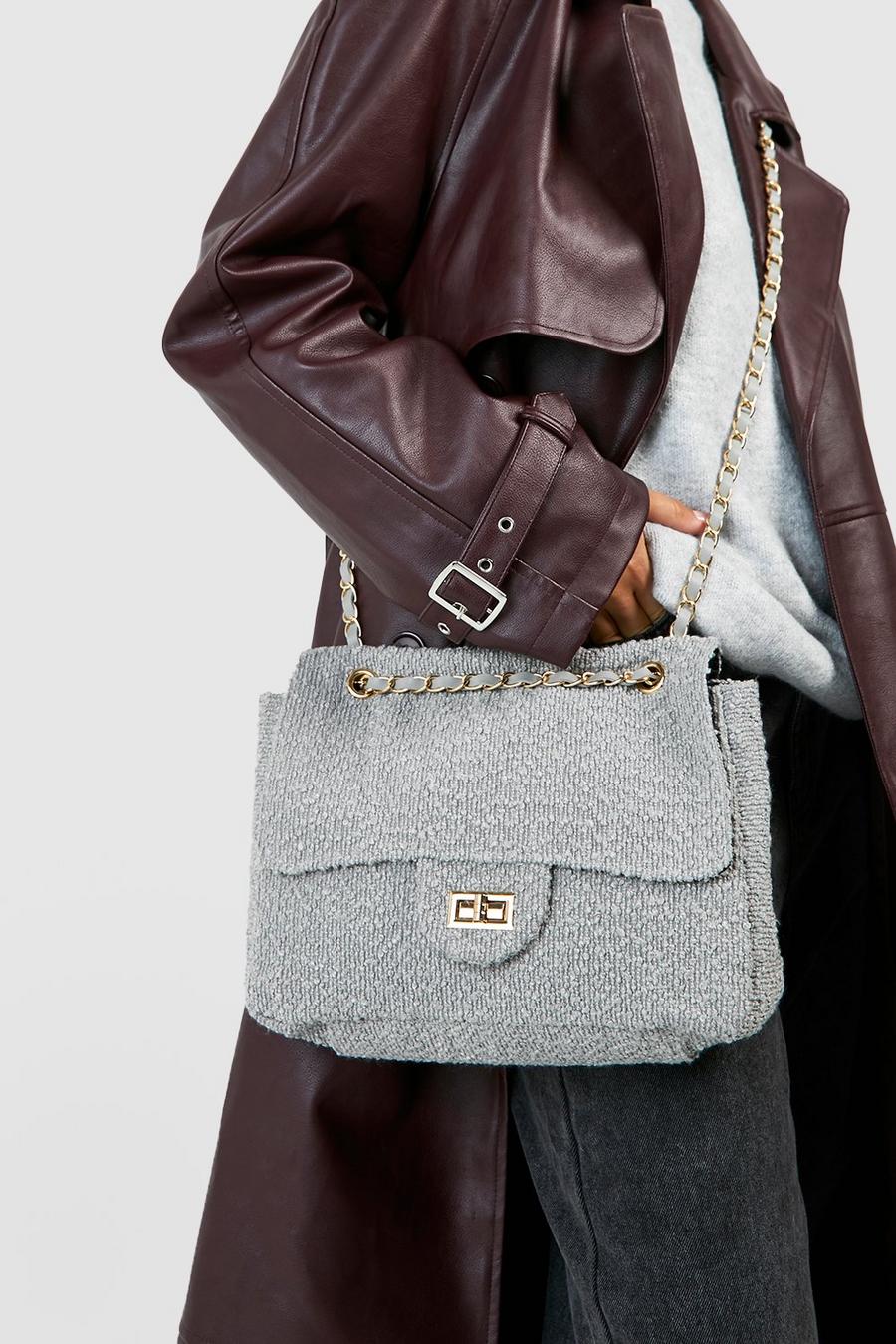 Grey Textured Fabric Chain Strap Crossbody Bag