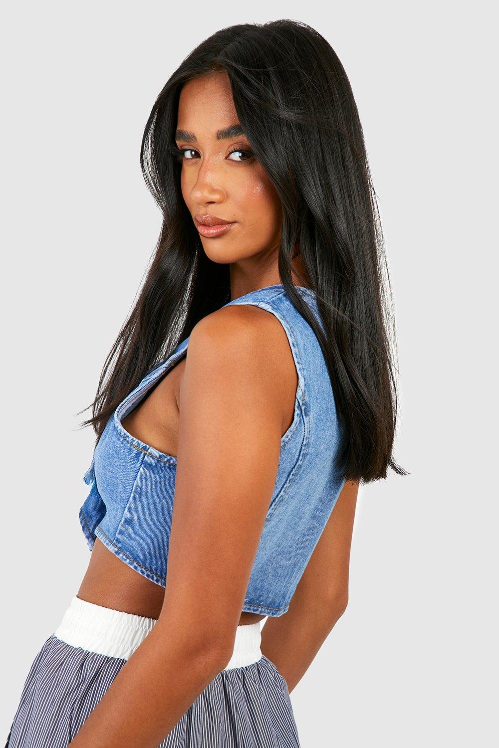 Petite Indigo Blue Wash Sequin Bandeau Top