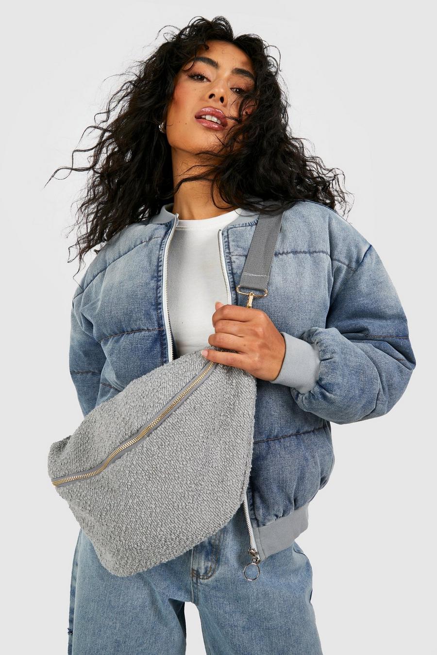 Grey Textured Fabric Oversized Bum Bag  