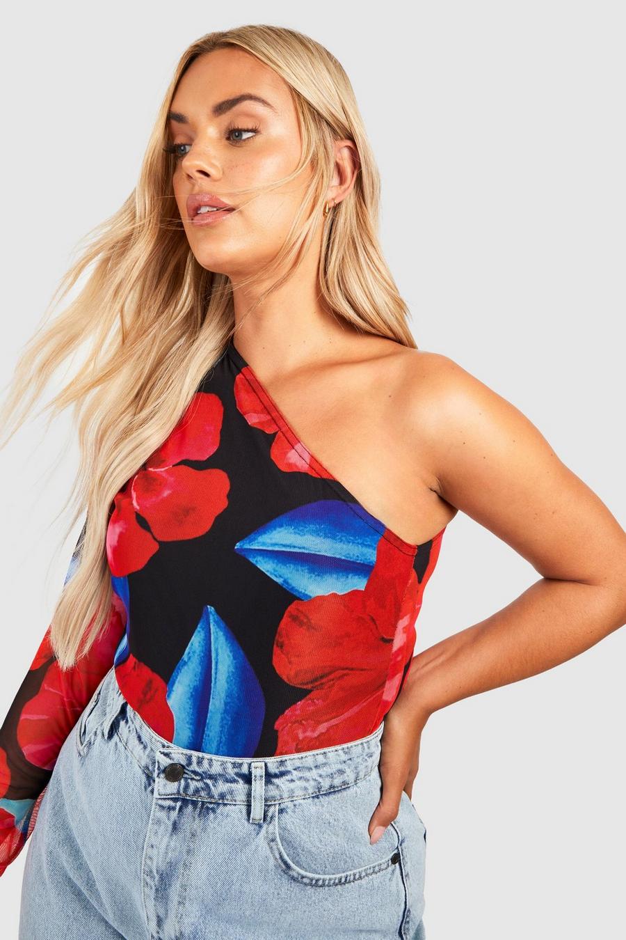 Multi Plus Mesh Abstract One Shoulder Top  
