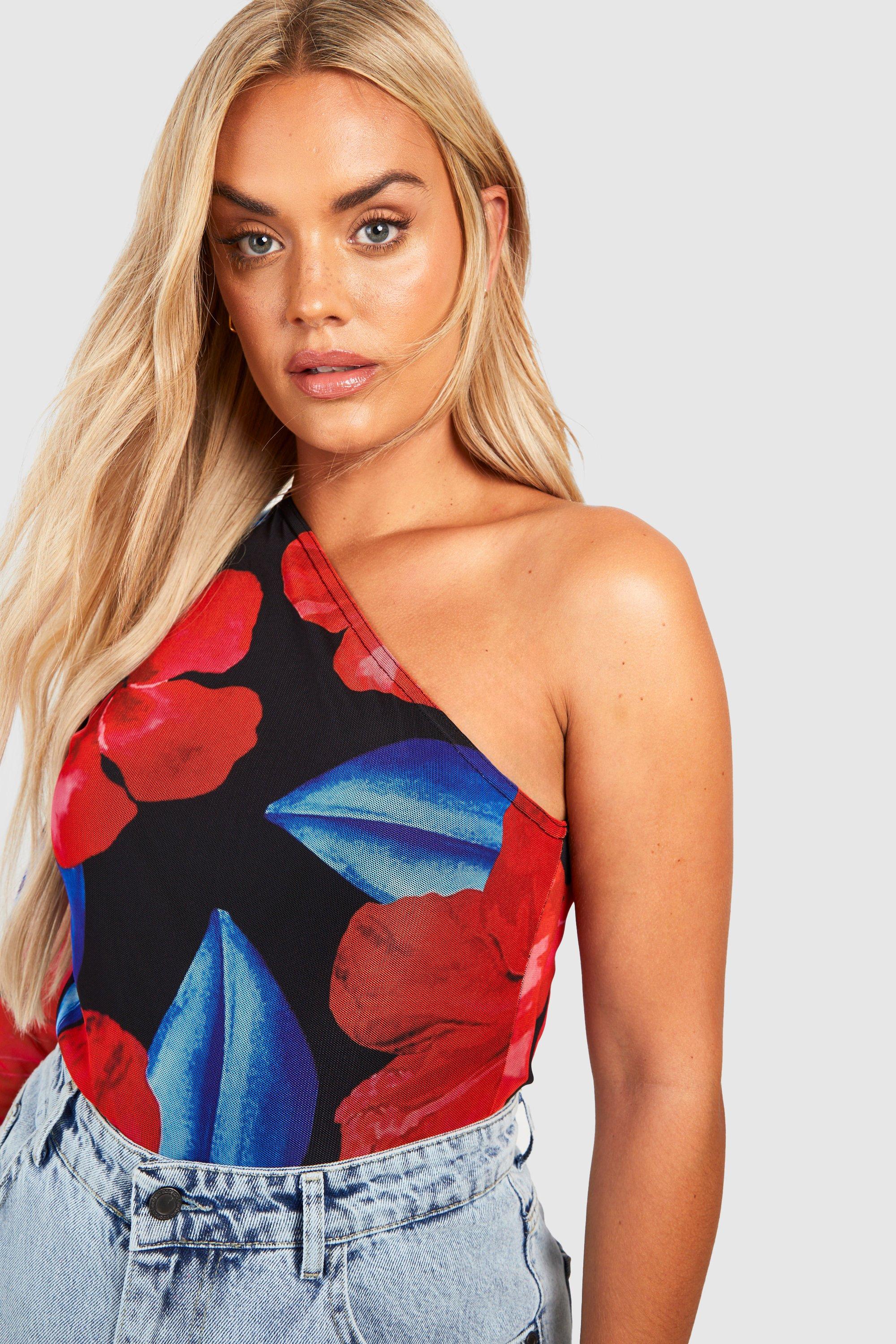 Plus Mesh Abstract One Shoulder Top