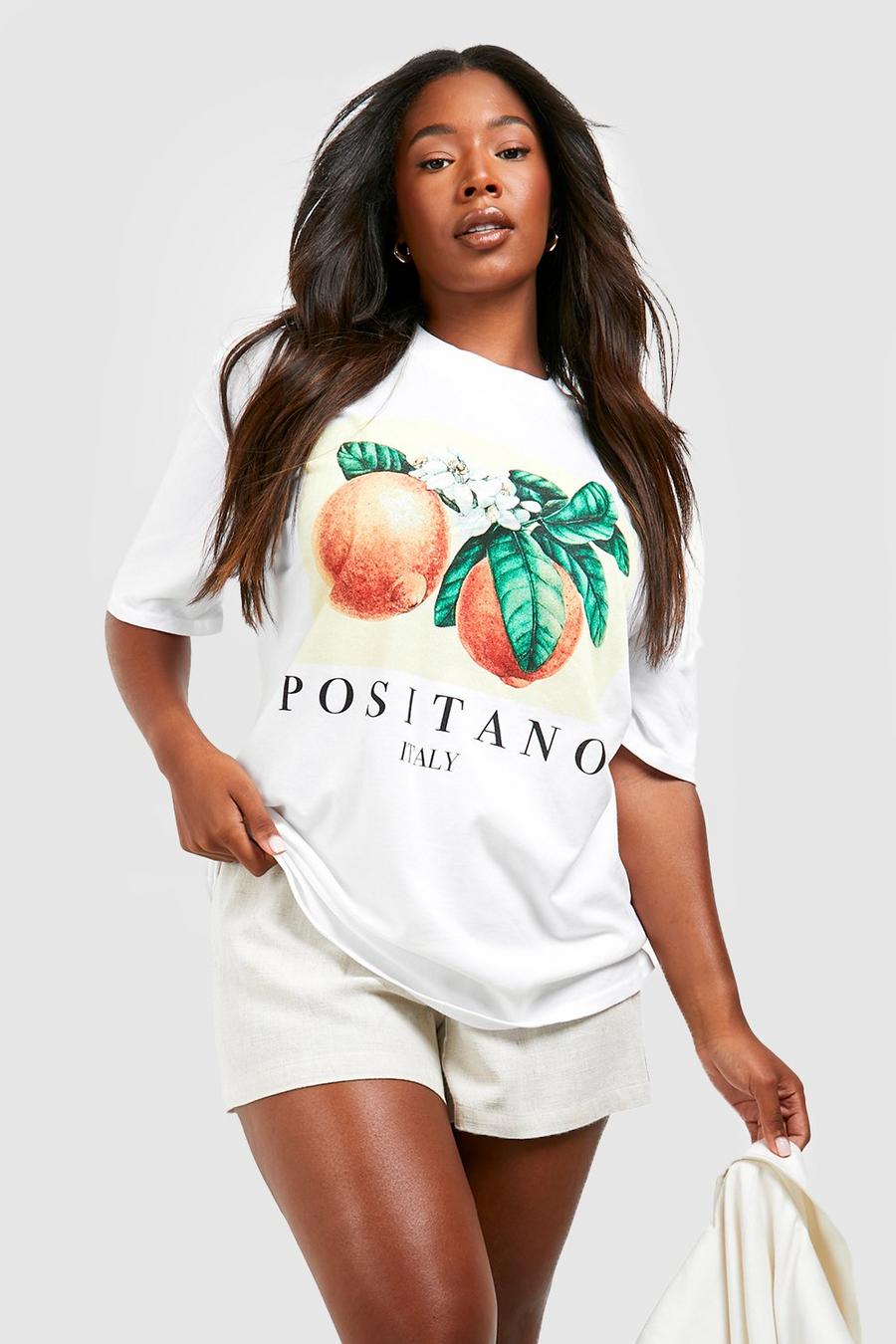 Plus Oversize T-Shirt mit Positano-Print, White image number 1
