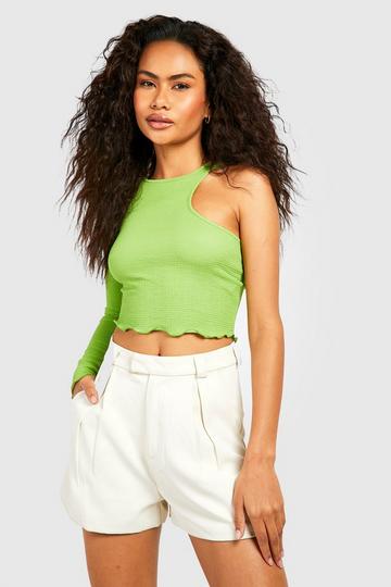 Cut Out Shoulder Long Sleeve Lettuce Hem Crop Top green