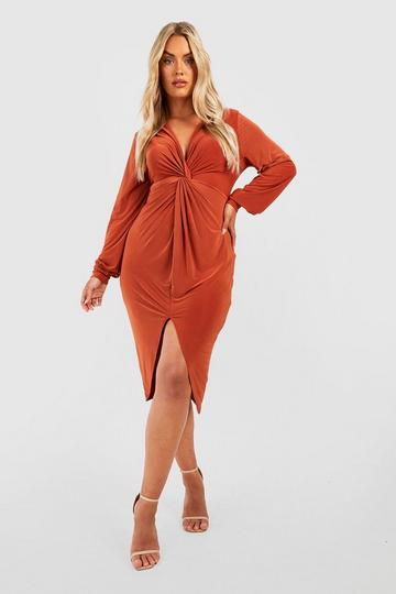 Orange Plus Twist Front Plunge Midi Dress