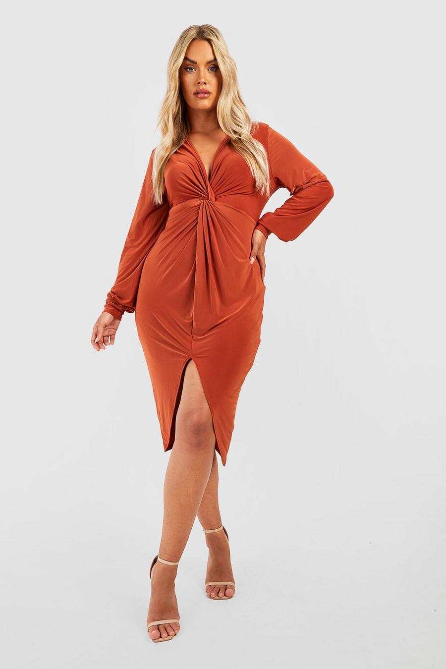Vestito midi Plus Size con scollo profondo e dettagli attorcigliati, Burnt orange image number 1