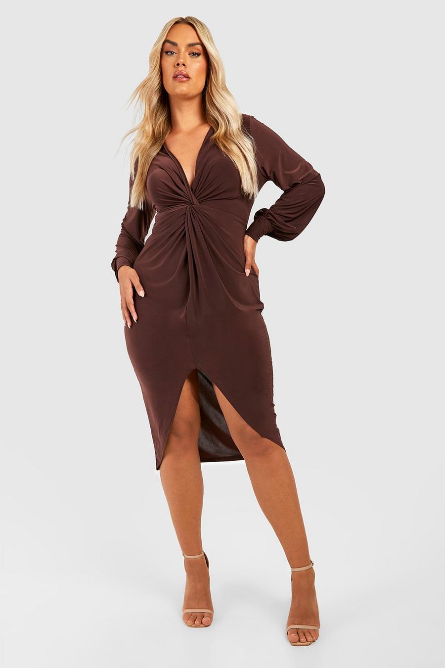 Vestido Plus midi escotado con nudo frontal, Chocolate