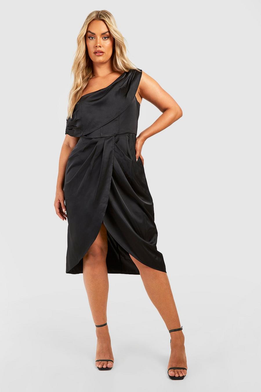 Black Plus Satin Corset Shoulder Wrap Midi Dress 