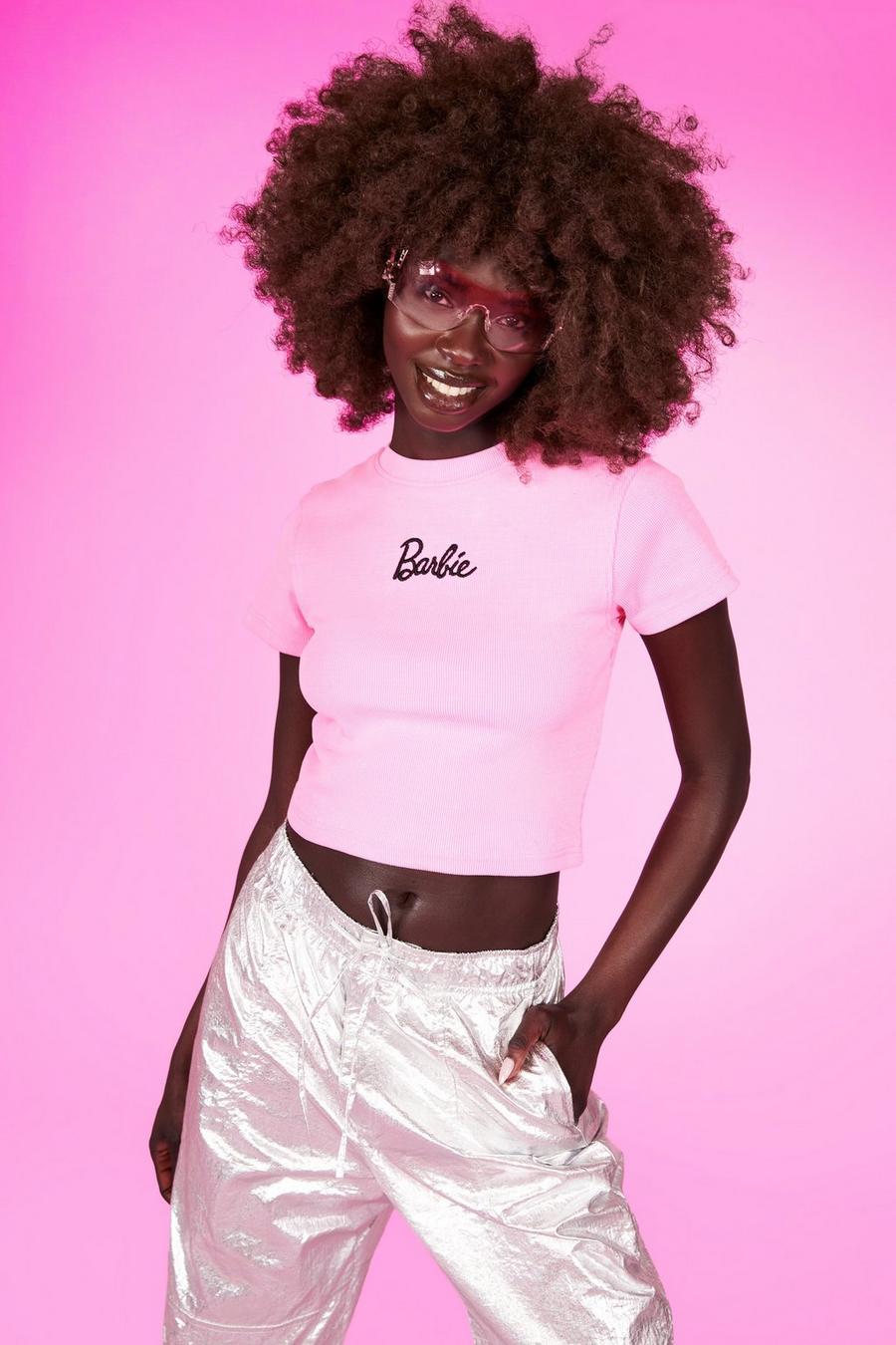 Barbie geripptes Crop Top mit Stickerei, Hot pink