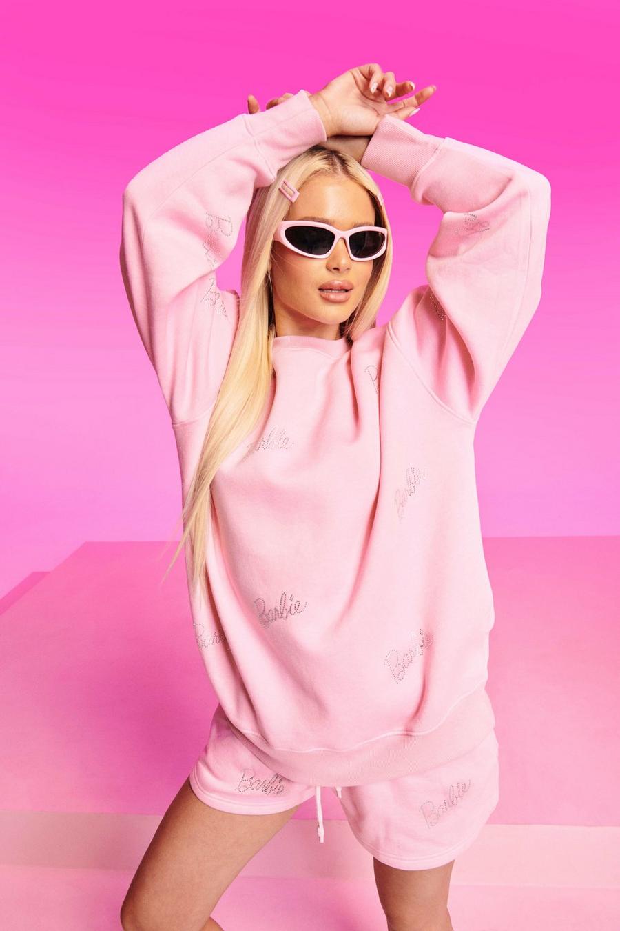Baby pink Barbie All Over Rhinestone Slogan Sweat Short image number 1