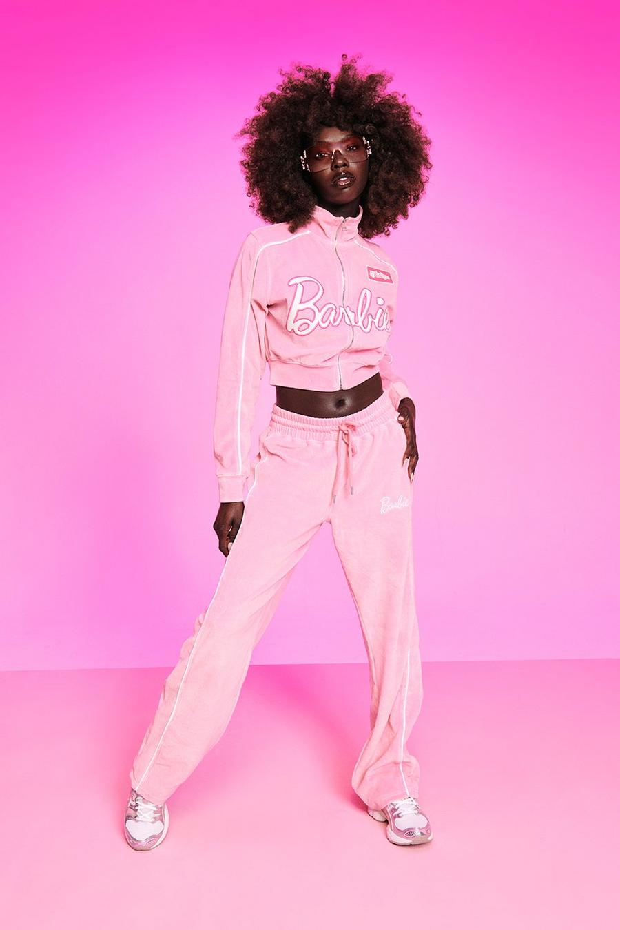 Pantalón deportivo de pernera ancha y terciopelo de Barbie, Baby pink