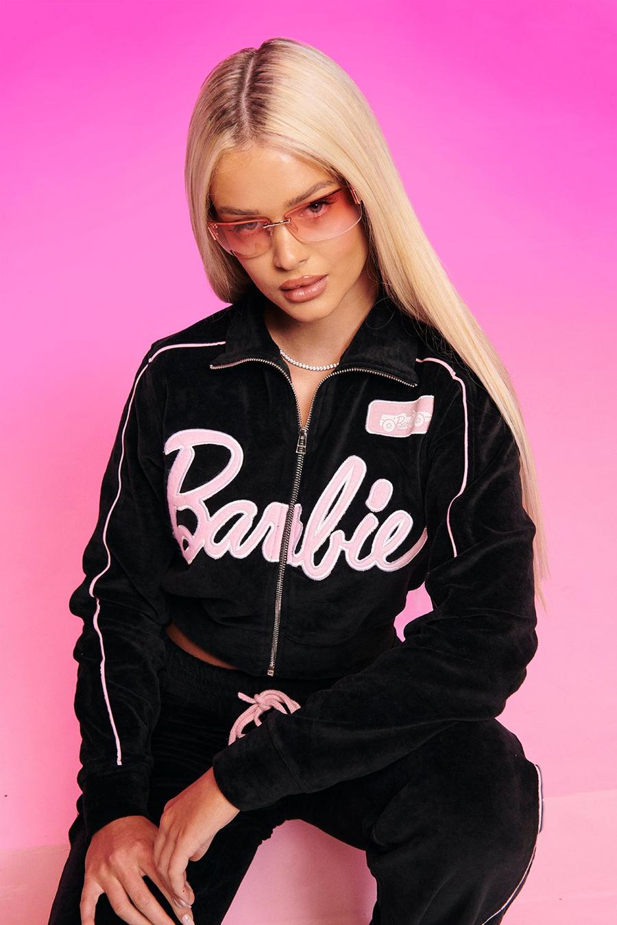 Black svart Barbie Velour Cropped Zip Through Jacket