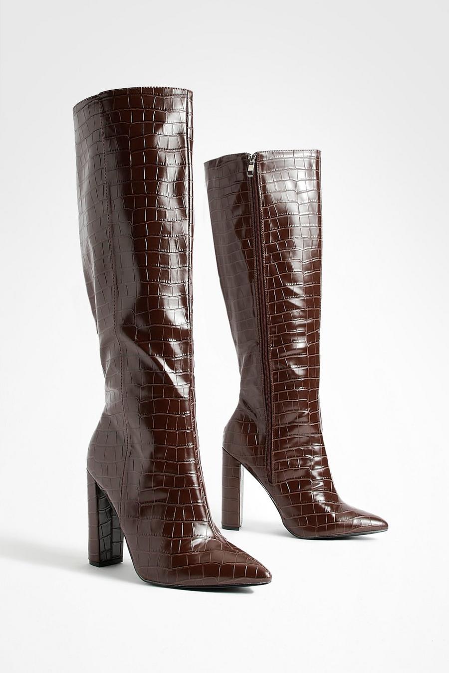 Chocolate brown Wide Fit Pointed Toe Croc Knee High Boot image number 1