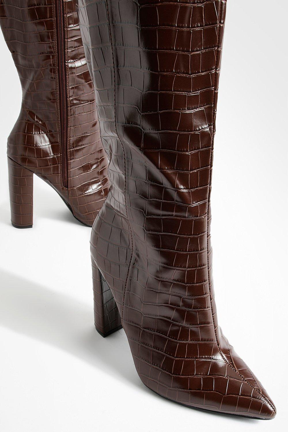 Wide Width Pointed Toe Croc Knee High Boot