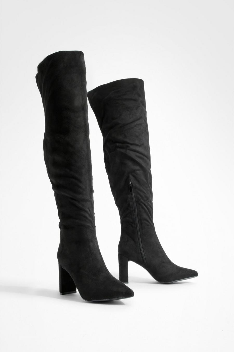 Black Wide Width Block Heel Thigh High Boots