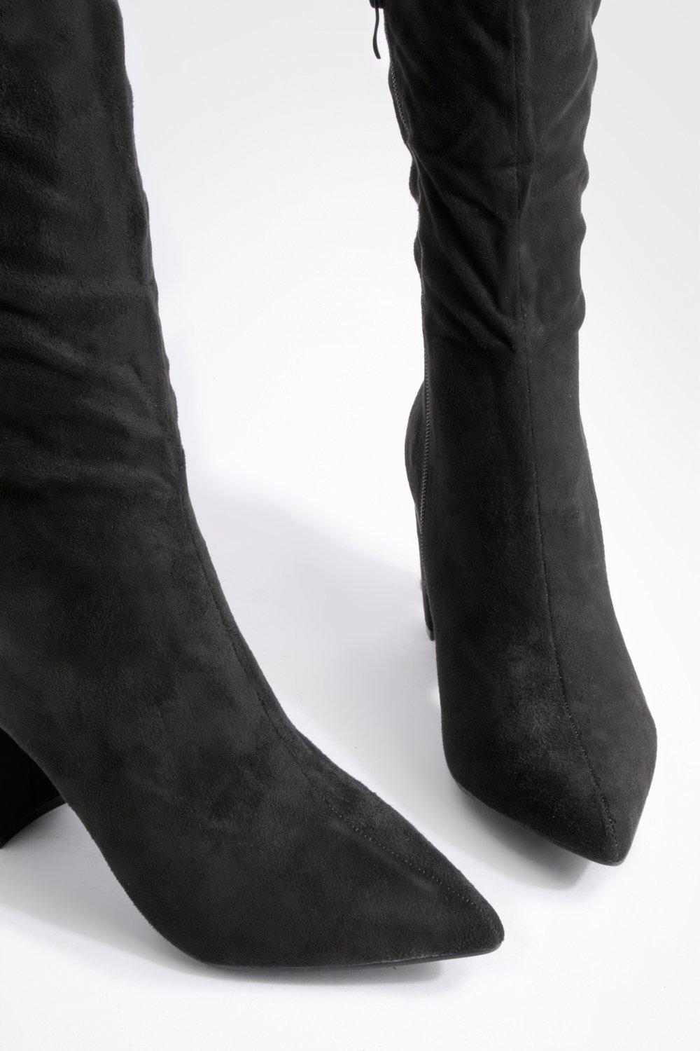 Low heel black hot sale thigh high boots