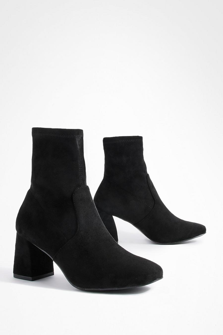 Black svart Wide Fit Square Toe Block Heeled Boots