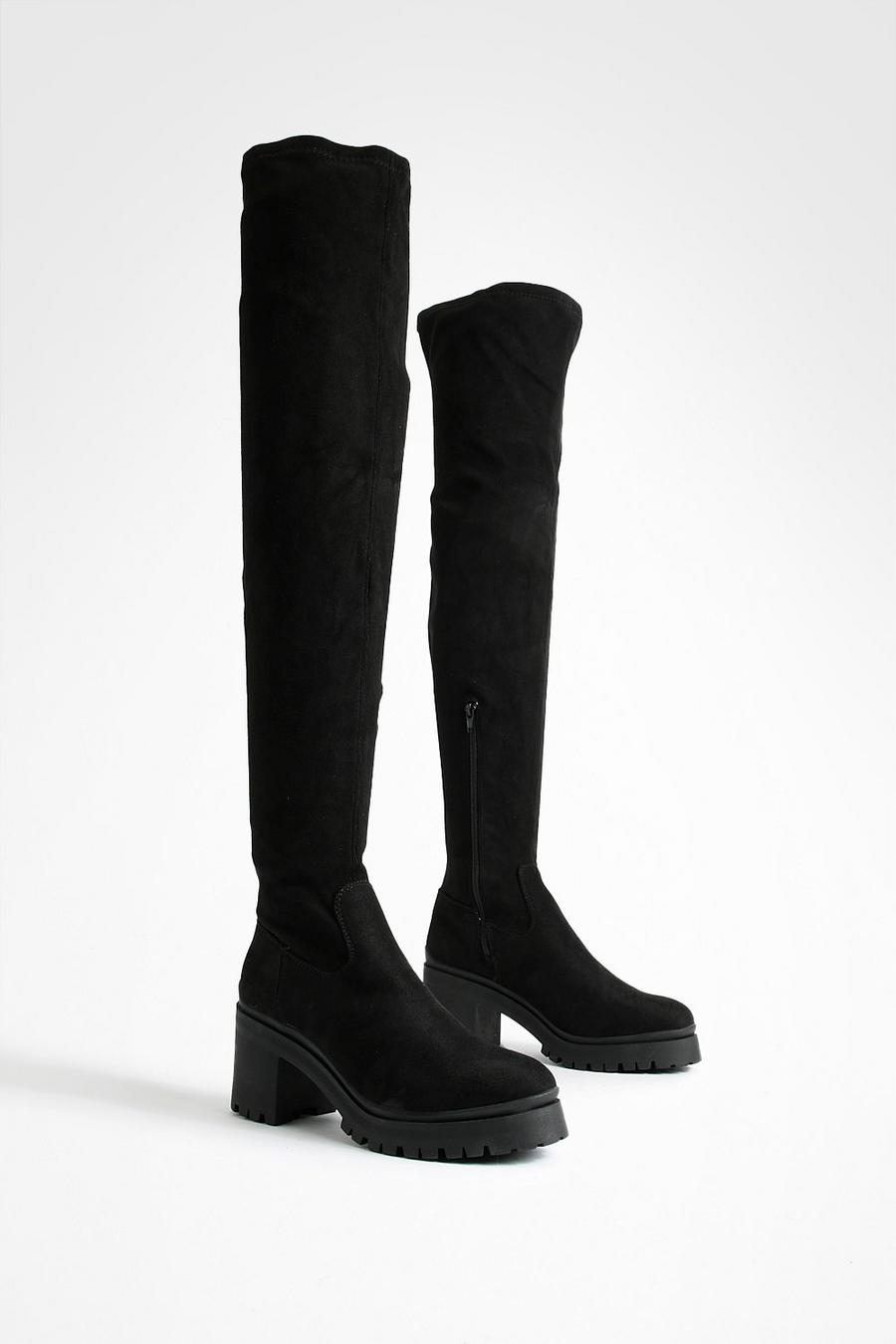 Black svart Thigh High Chunky Heeled Boots