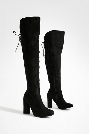 Lace Back Block Heel Over The Knee High Boots Happy black