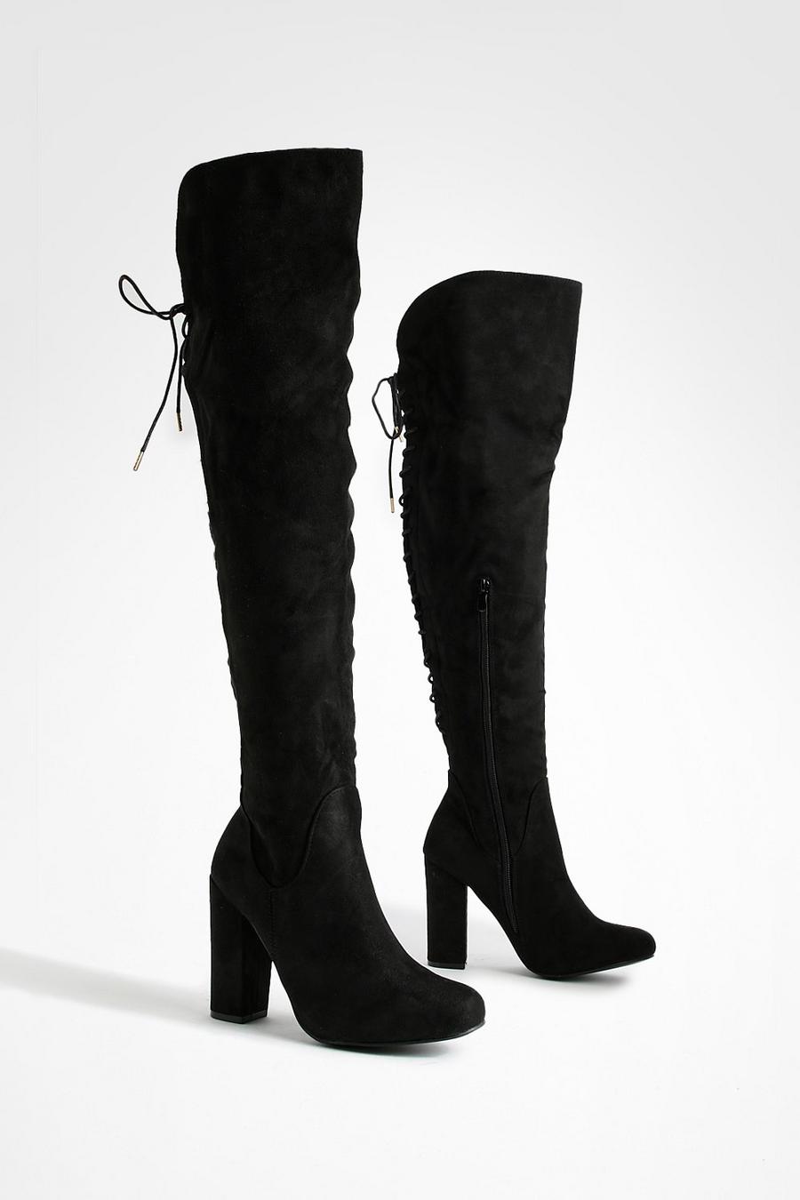 Black Lace Back Block Heel Over The Knee High Boots