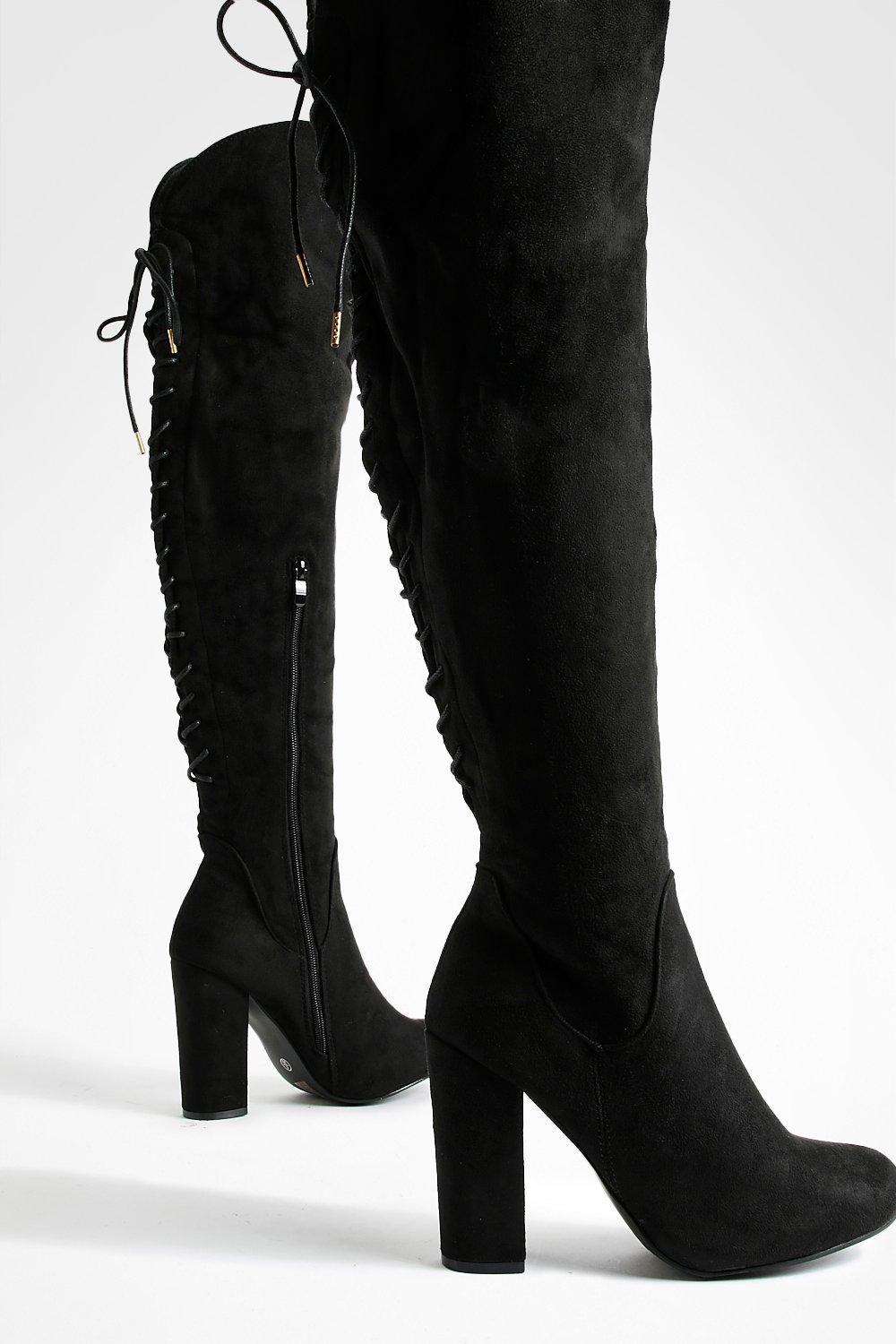 Tie back over knee block store heeled boots