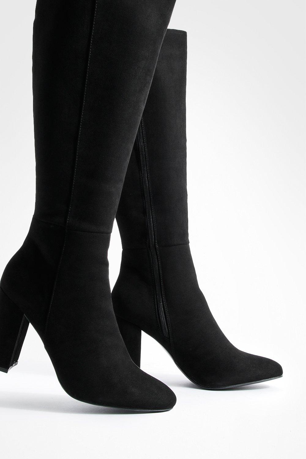 Black faux leather heeled boots shop
