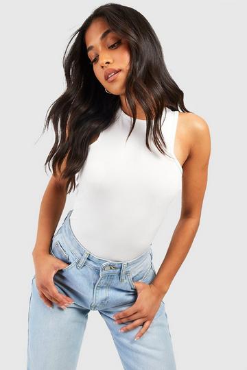 White Petite Basic Rib Racer Bodysuit