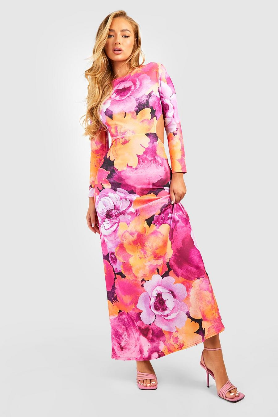 Pink Marble Printed Cut Out Back Long Sleeve Maxi Dress image number 1