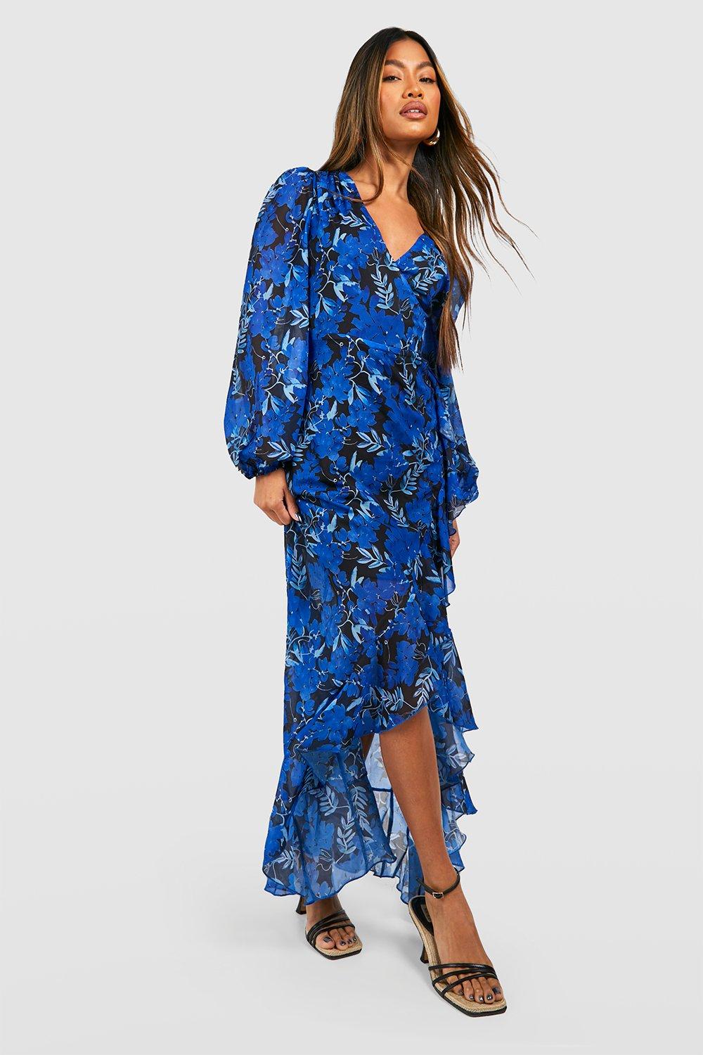 Navy floral print frill 2024 detail wrap maxi dress