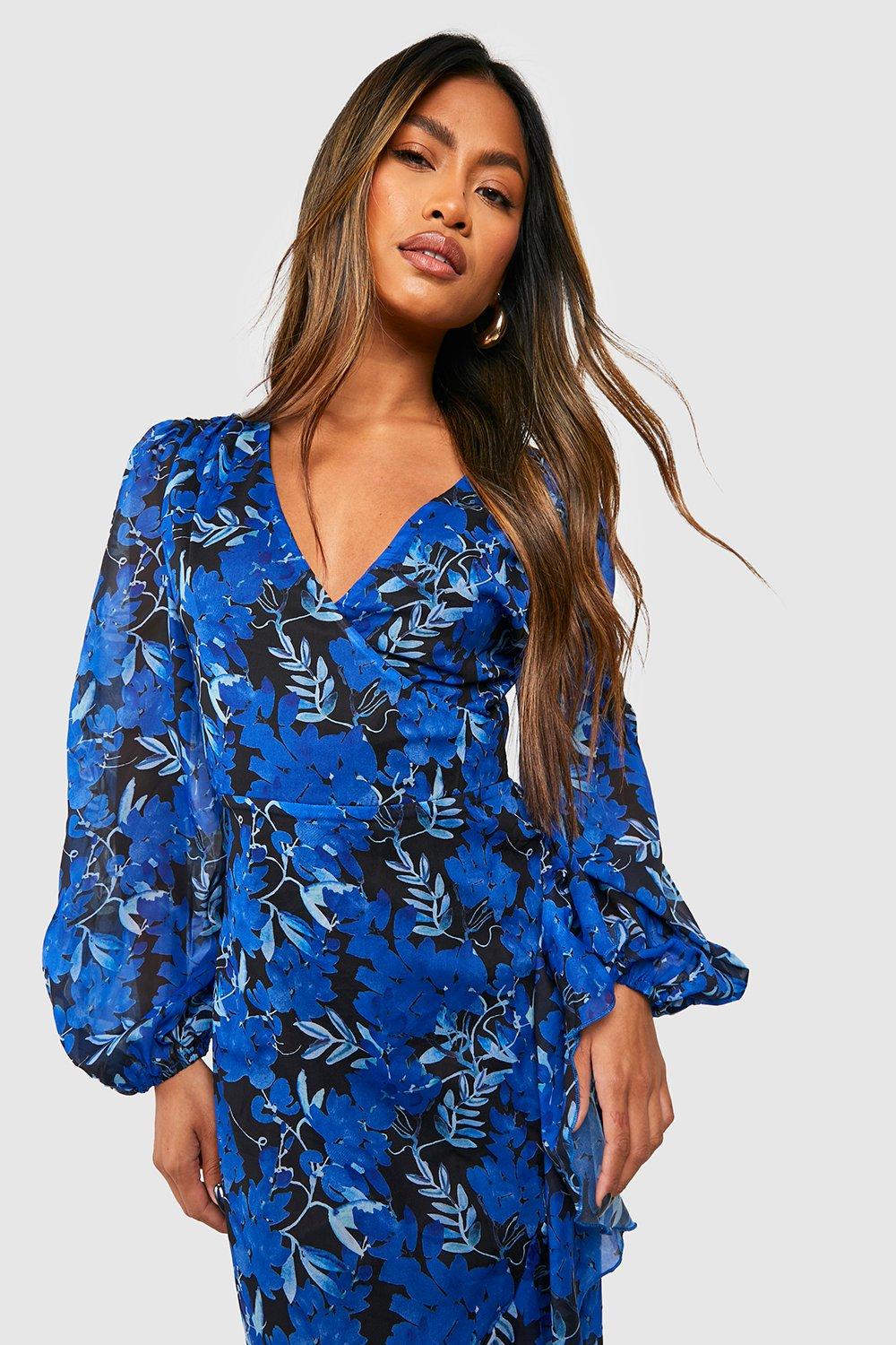 Navy floral print frill store detail wrap maxi dress