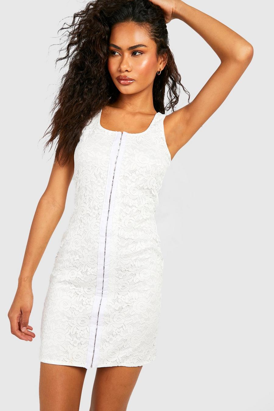White Lace Corset Hook & Eye Mini Dress image number 1
