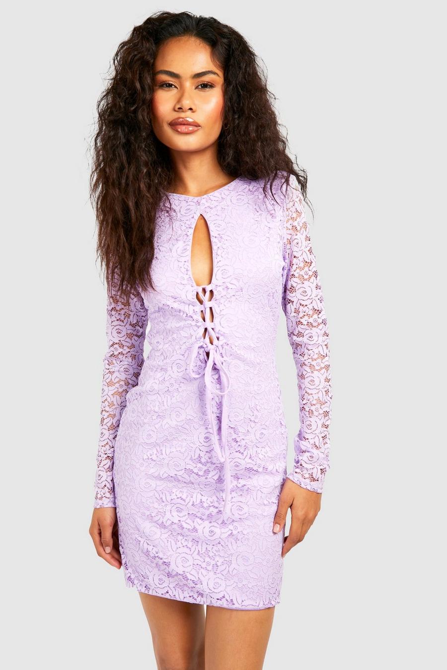 Lilac Lace Corset Lace Up Long Sleeve Mini Dress