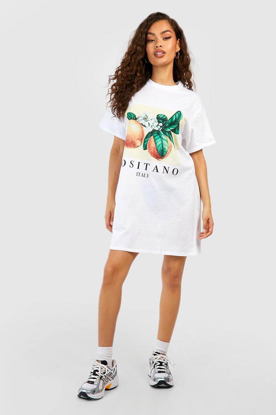 Vestito T-shirt oversize con scritta Positano, White image number 1