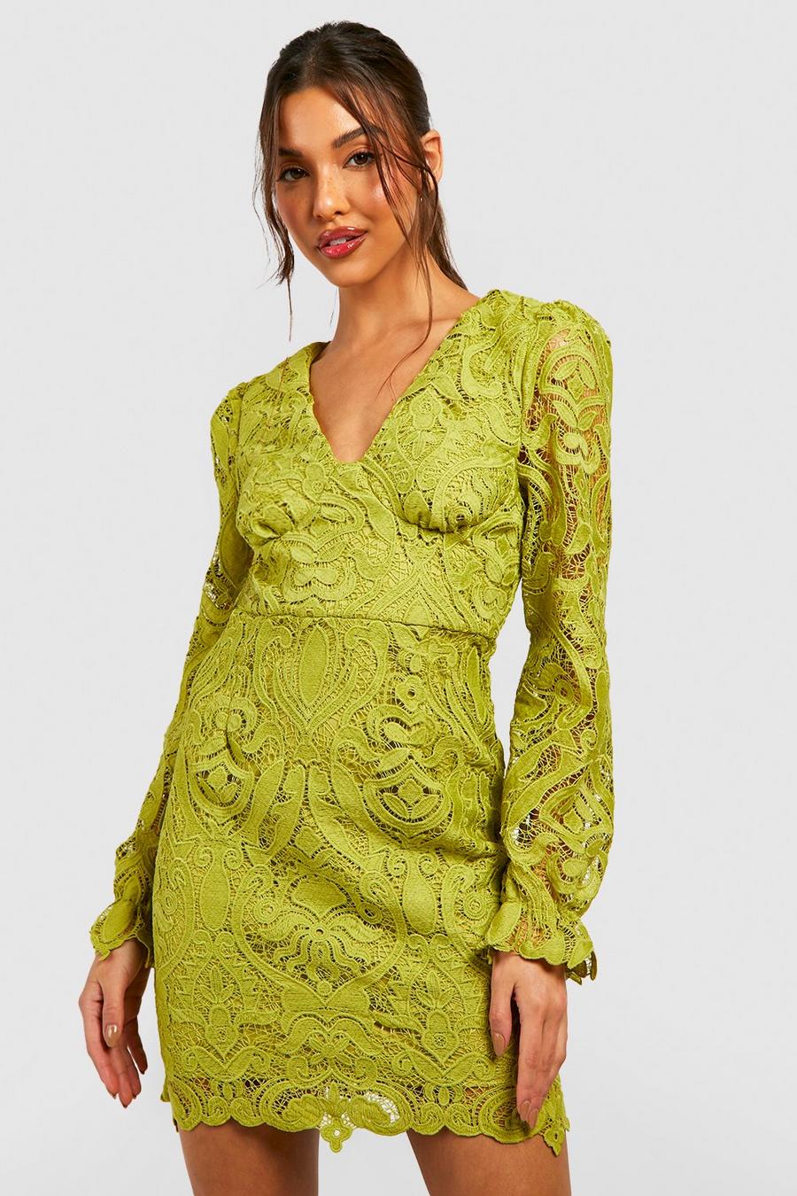Lime Premium Lace Blouson Sleeve Mini Dress image number 1