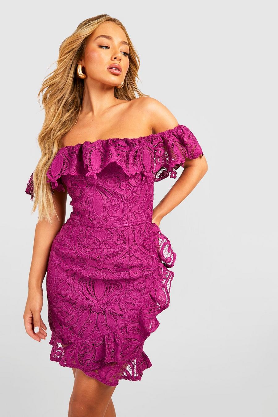 Purple Premium Lace Bardot Mini Dress