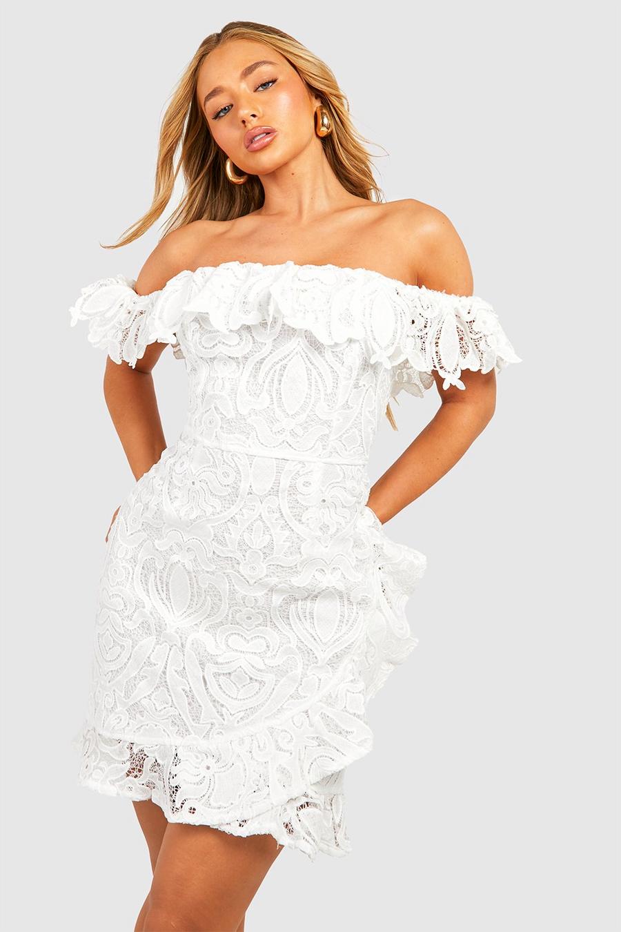 White Premium Lace Bardot Mini Dress image number 1