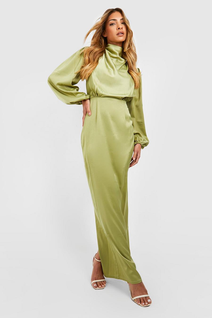 Olive Satin Cowl Neck Split Maxi Dress image number 1