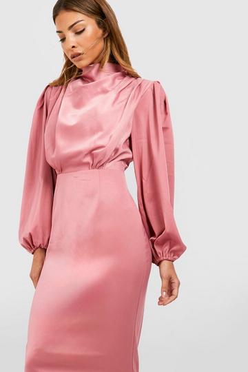 Rose Pink Satin Cowl Neck Split Maxi Dress
