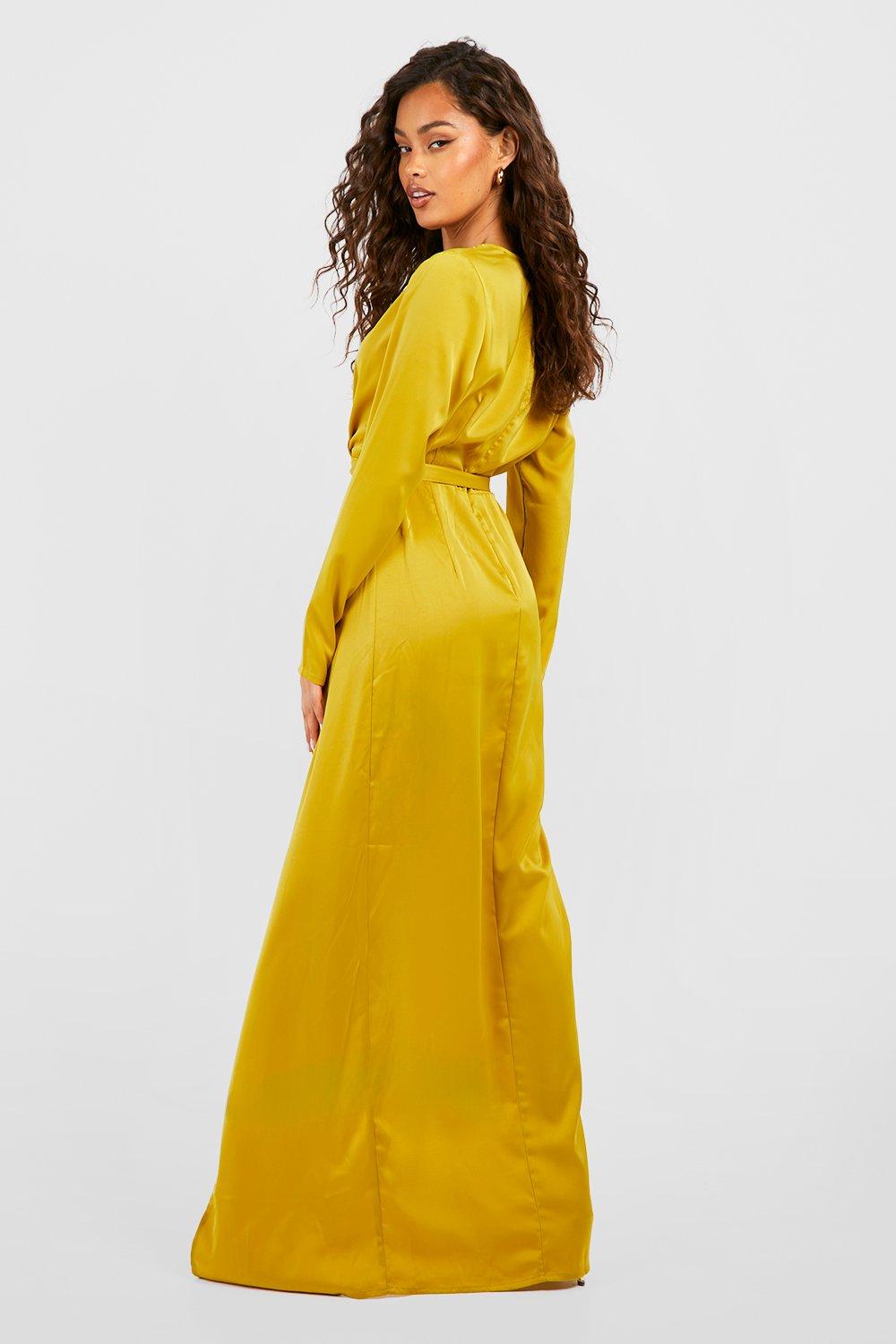 Satin Long Sleeve Wrap Front Maxi Dress