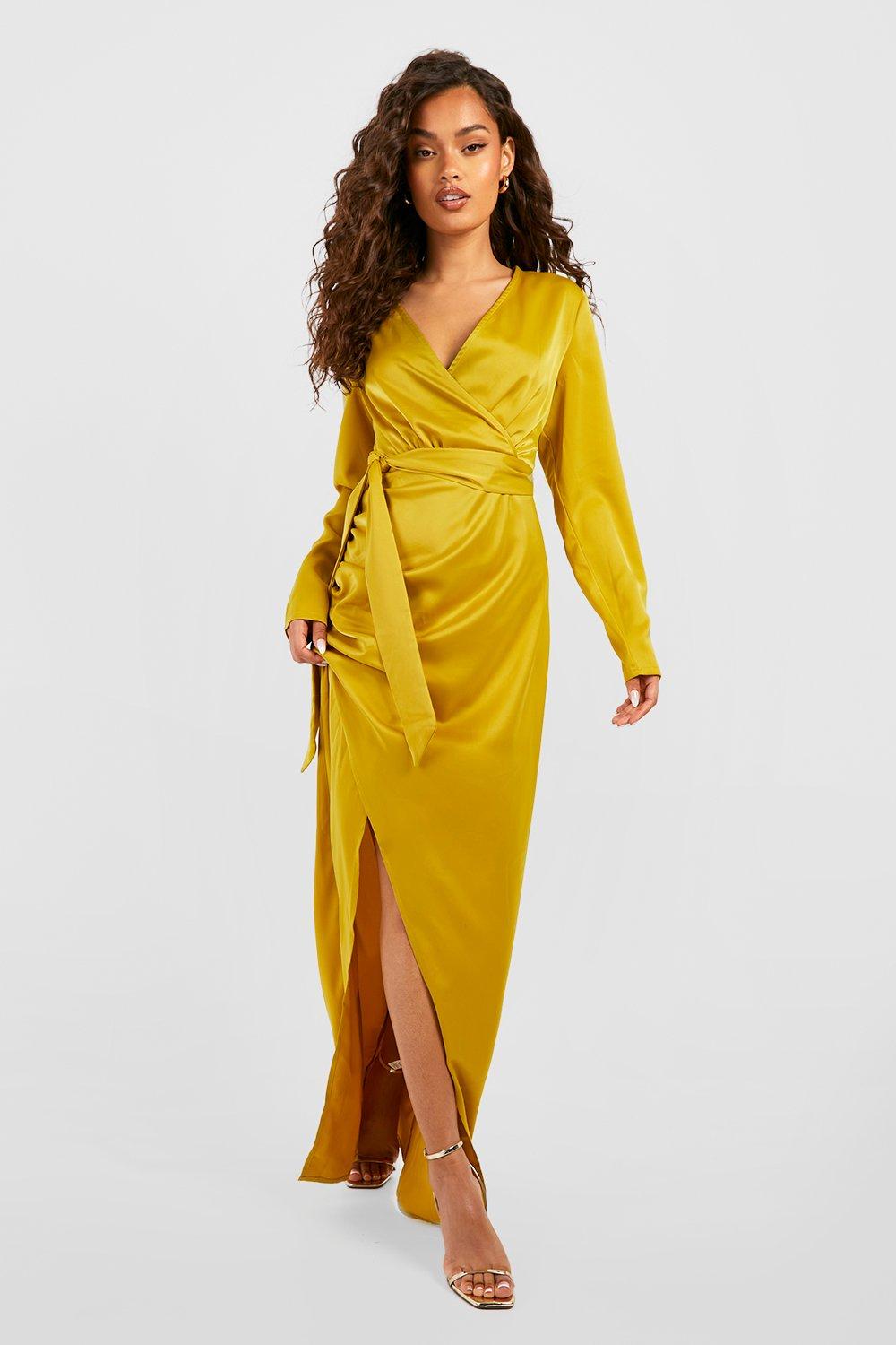 Boohoo yellow wrap clearance dress