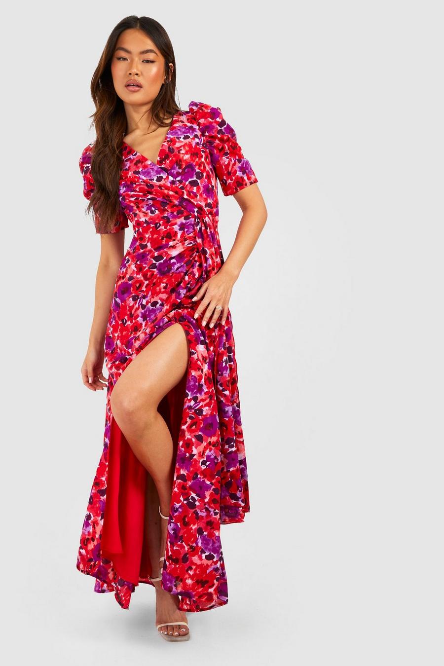 Red röd Floral Print Wrap Maxi Dress