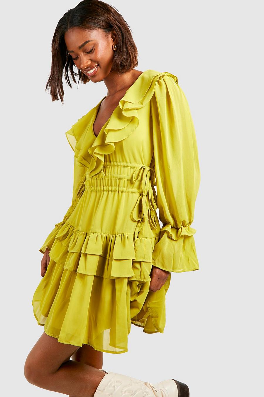 Chartreuse Chiffon Ruffle Detail Smock Dress