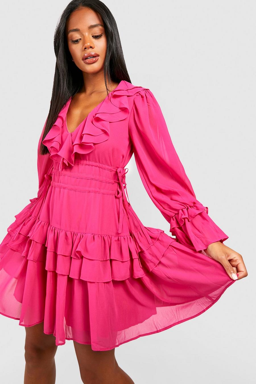Vestito grembiule in chiffon con dettagli arricciati, Hot pink image number 1