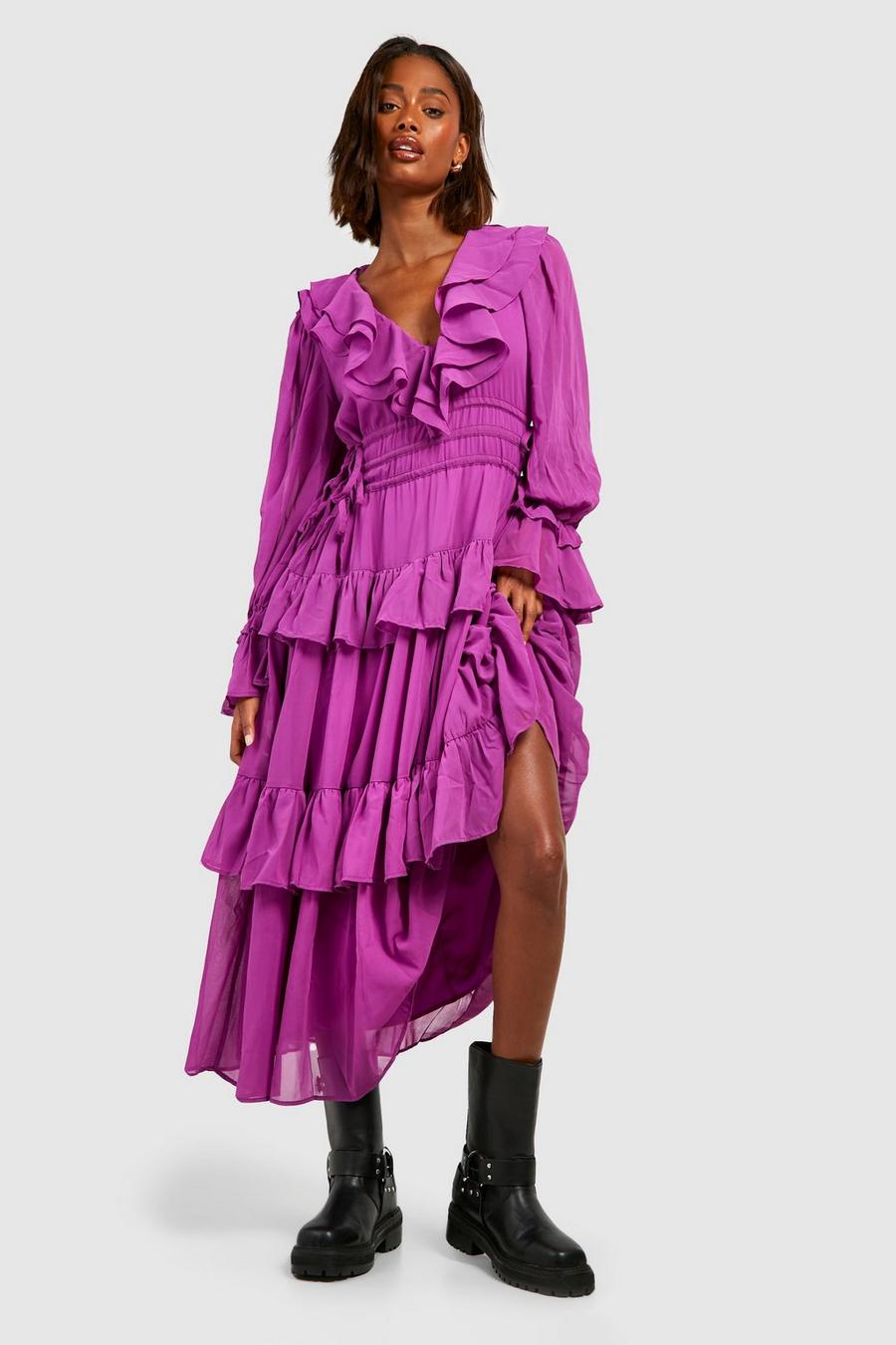 Purple Chiffon Ruffle Detail Midaxi Smock Dress