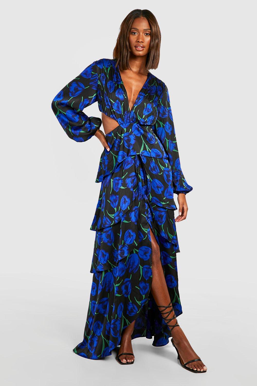 Satin Floral Ruffle Cut Out Maxi Dress | boohoo USA