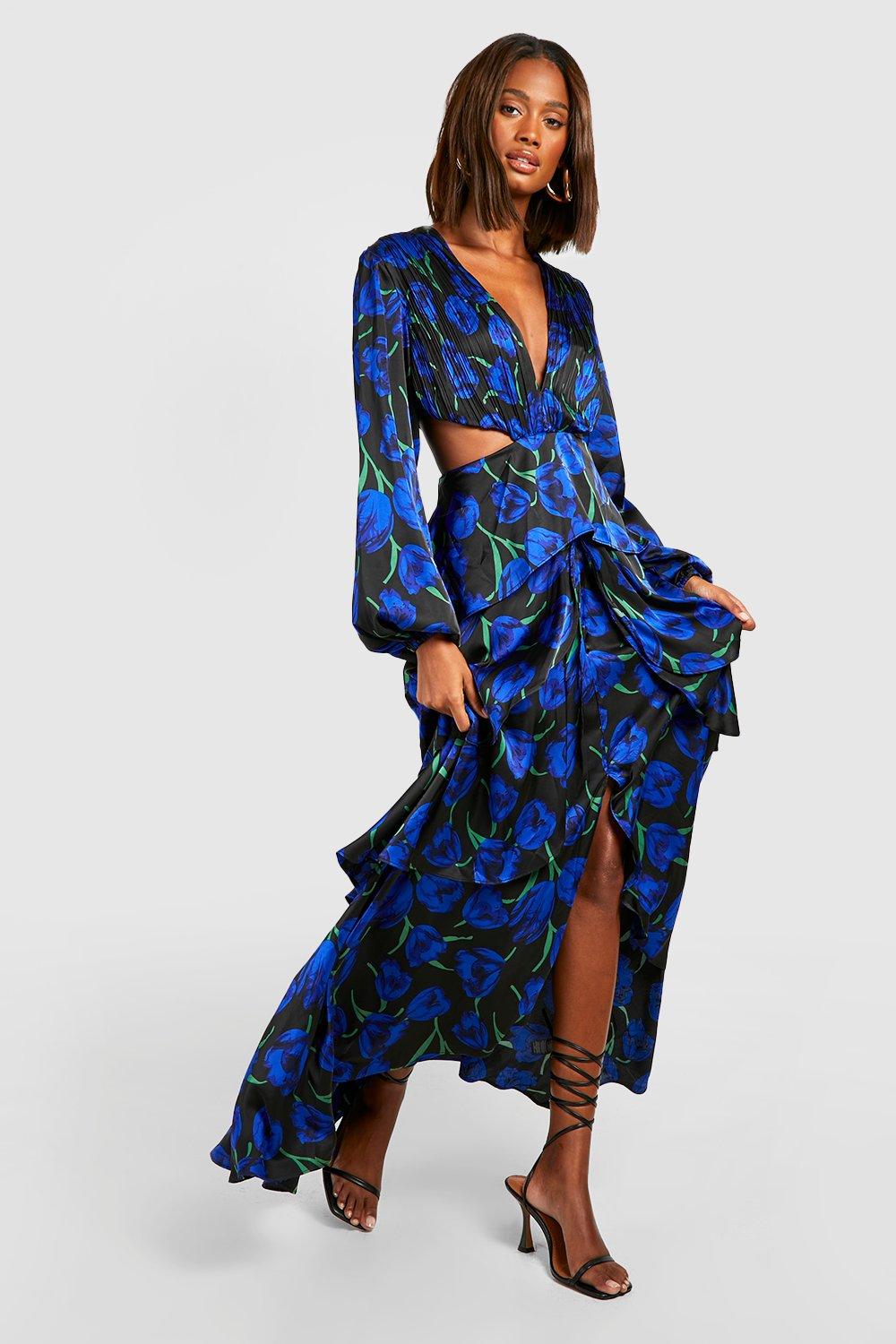 Satin Floral Ruffle Cut Out Maxi Dress