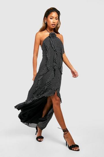 Black Chiffon Polka Dot Ruffle Maxi Dress