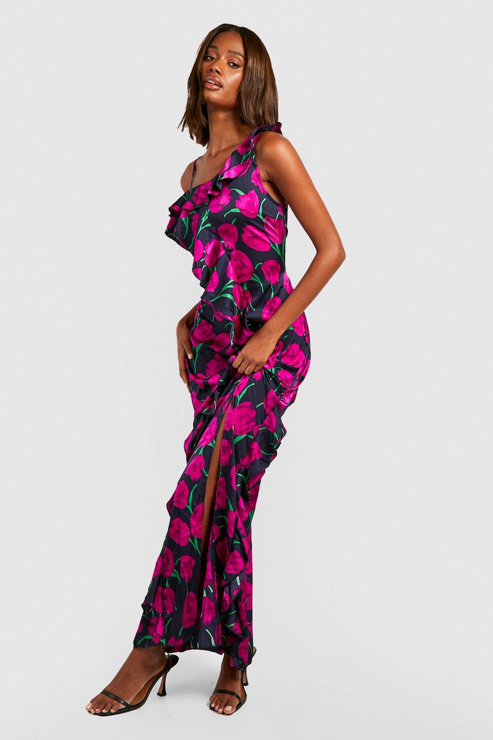 Women s Satin Ruffle Floral Maxi Dress Boohoo UK